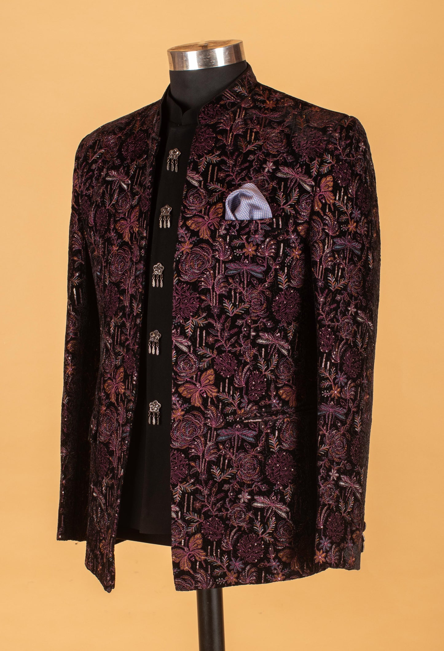 Purple & Black Floral Embroidered Indo-Western Suit for Groom – Royal Wedding Reception Wear