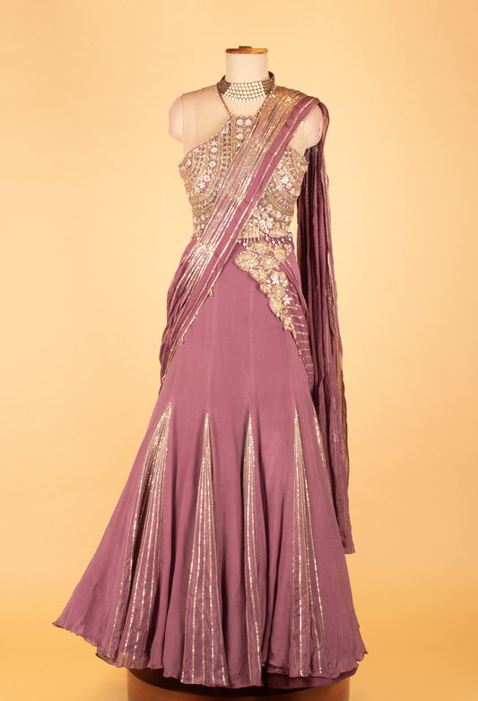 Purple sequin embellished lehenga saree with structured blouse – product image 2