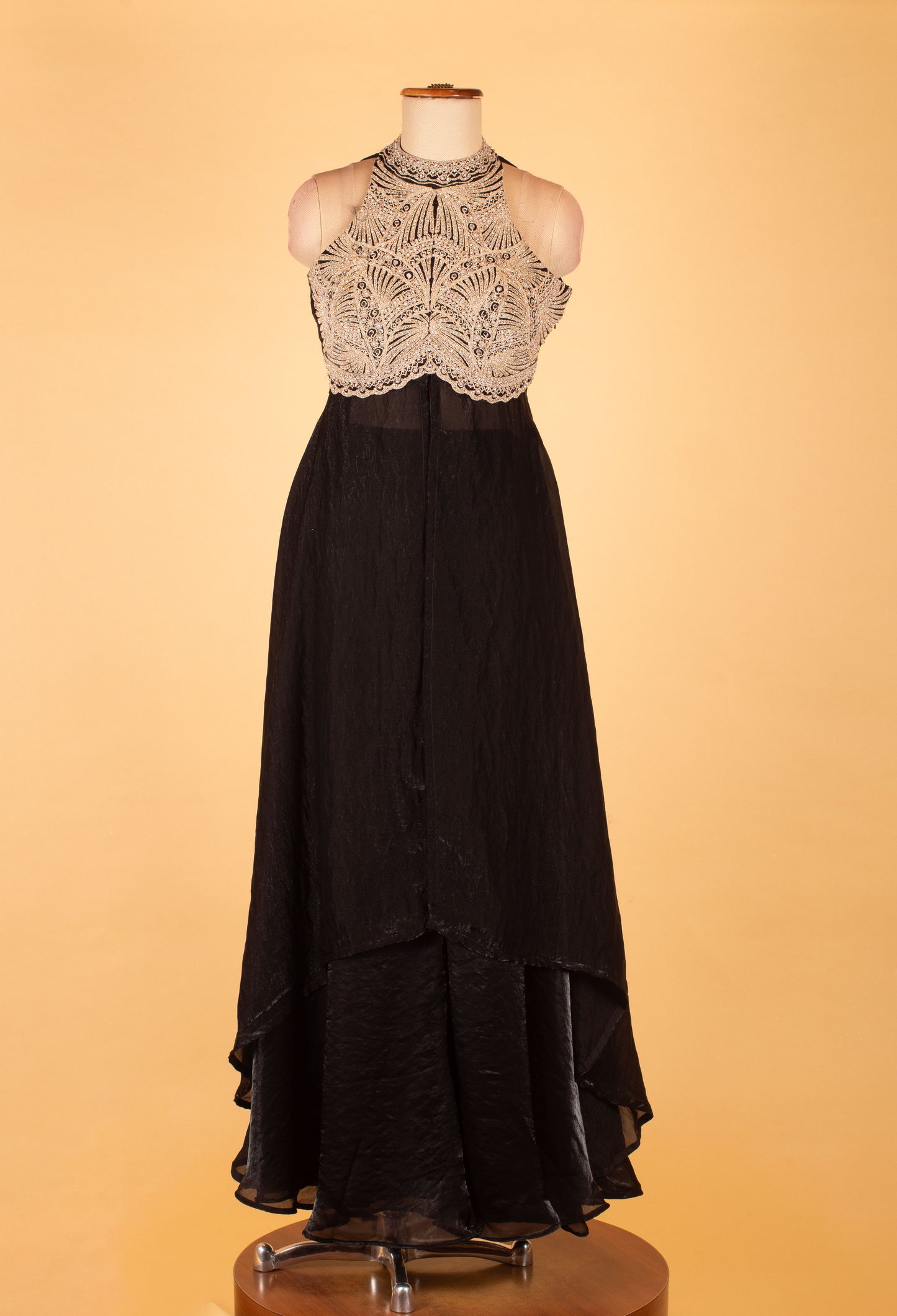 Black Straight-Cut Designer Suit with Embellished Halter Neck & Net Dupatta – Party & Wedding Wear