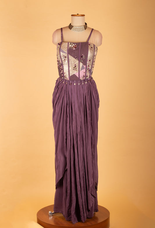 Purple straight-cut designer suit with embellished corset bodice and cape – product image 2