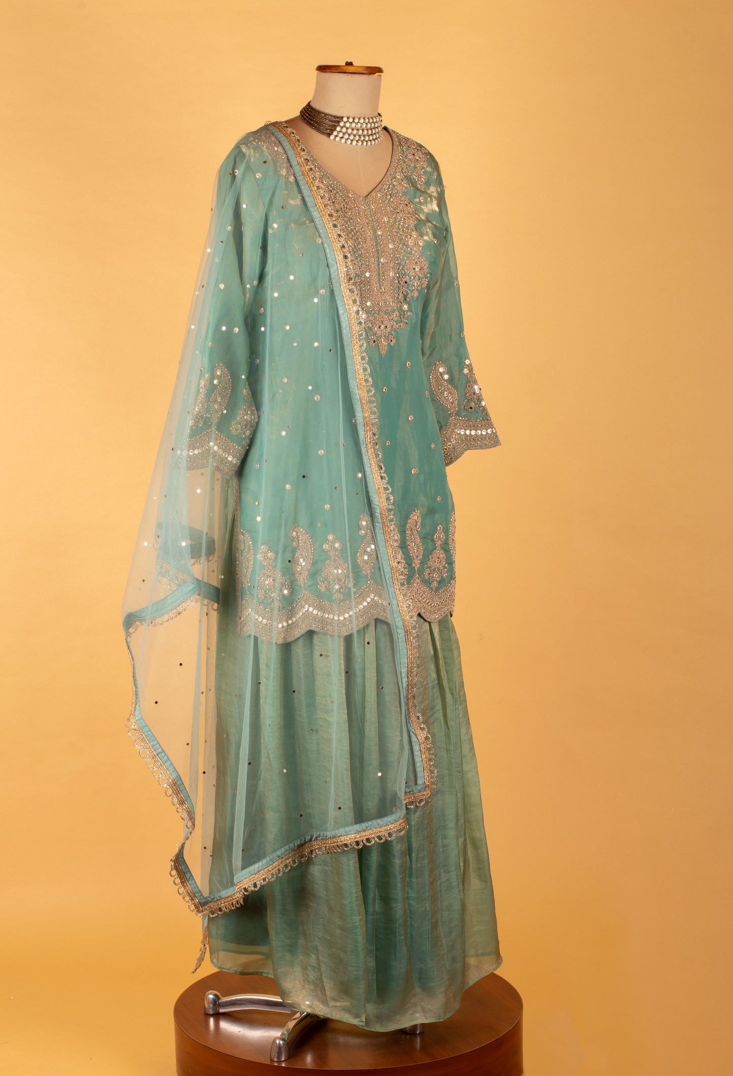 Sea Green Straight-Cut Embroidered Suit with Sharara & Net Dupatta – Wedding & Festive Wear