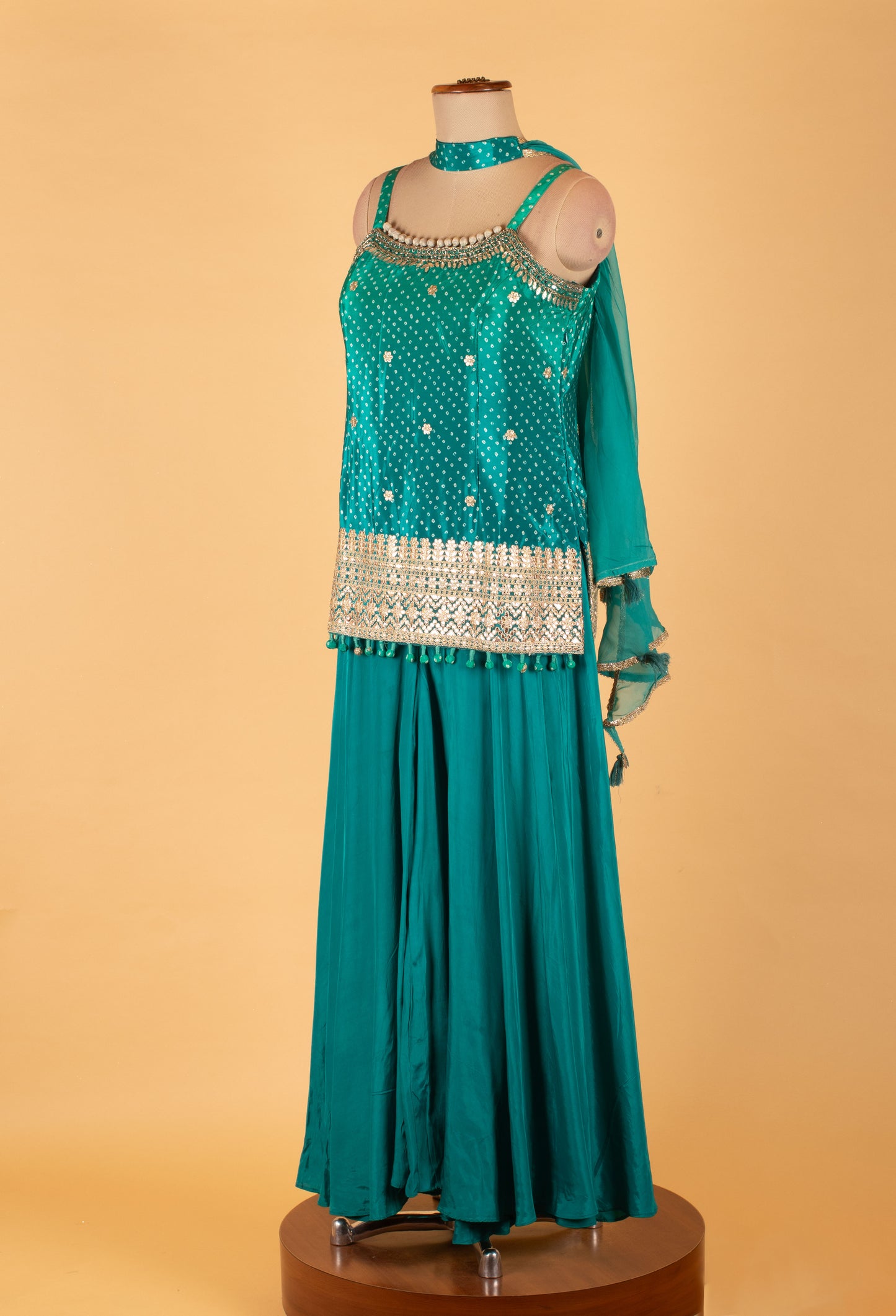 Teal Straight-Cut Sharara Suit with Embellished Kurta & Dupatta – Festive & Party Wear