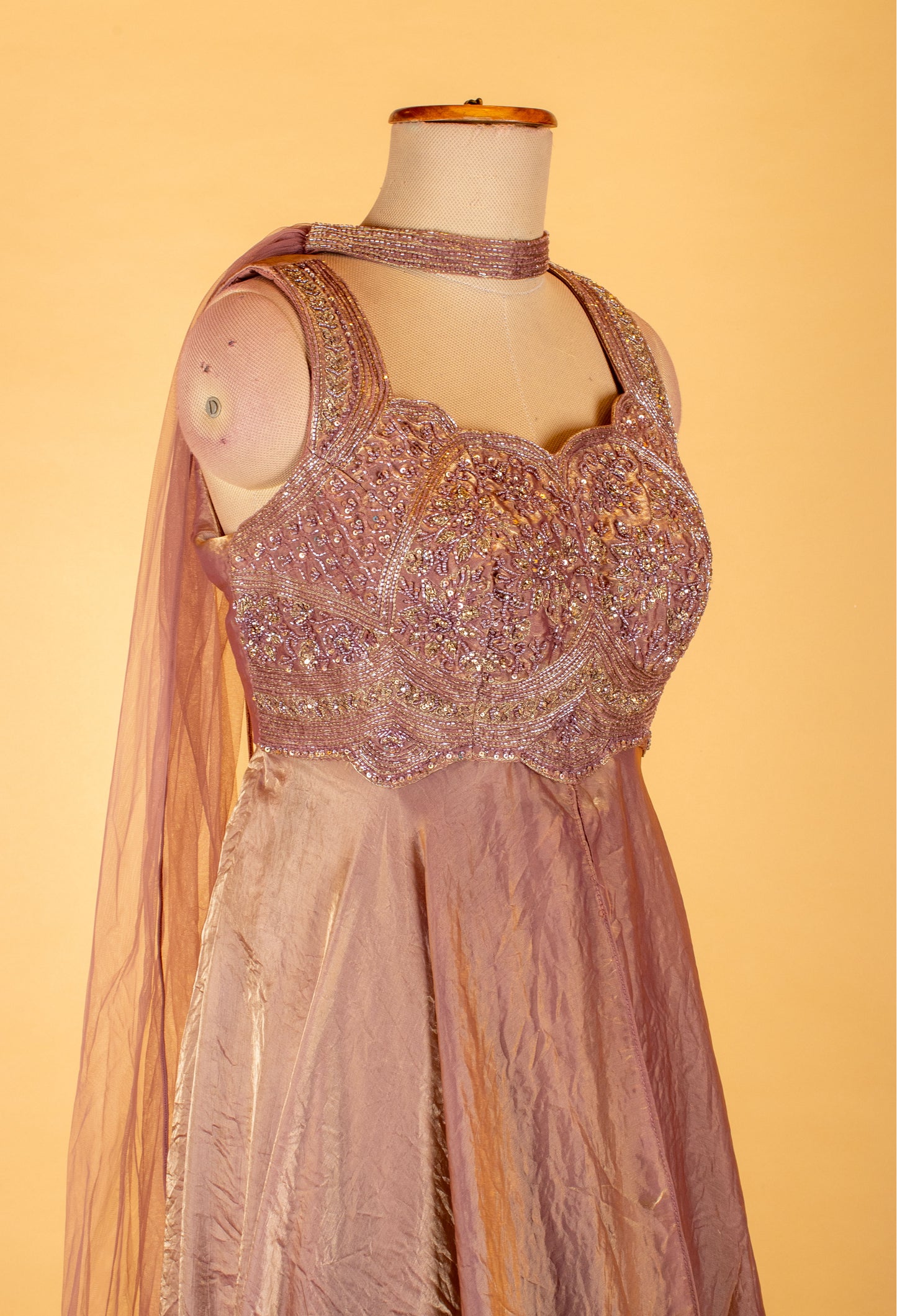 Mauve Straight-Cut Designer Suit with Heavy Embellished Bodice & Cape Dupatta – Party & Reception Wear