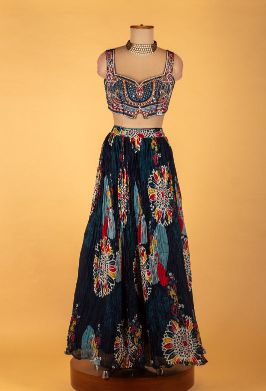 Navy blue printed lehenga choli with embellished sweetheart blouse – product image 2