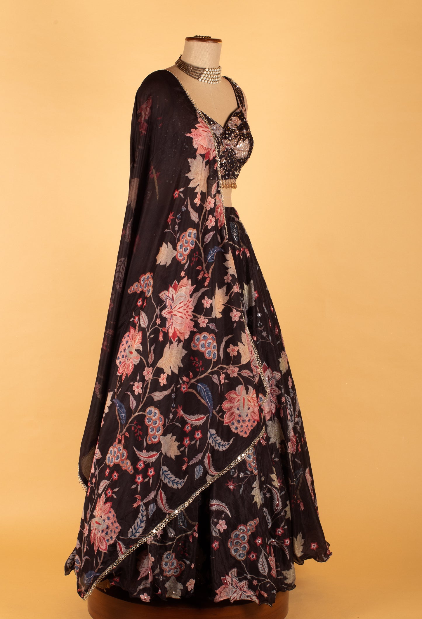 Black Floral Printed Lehenga Choli with Embellished Blouse & Dupatta – Festive & Wedding Wear