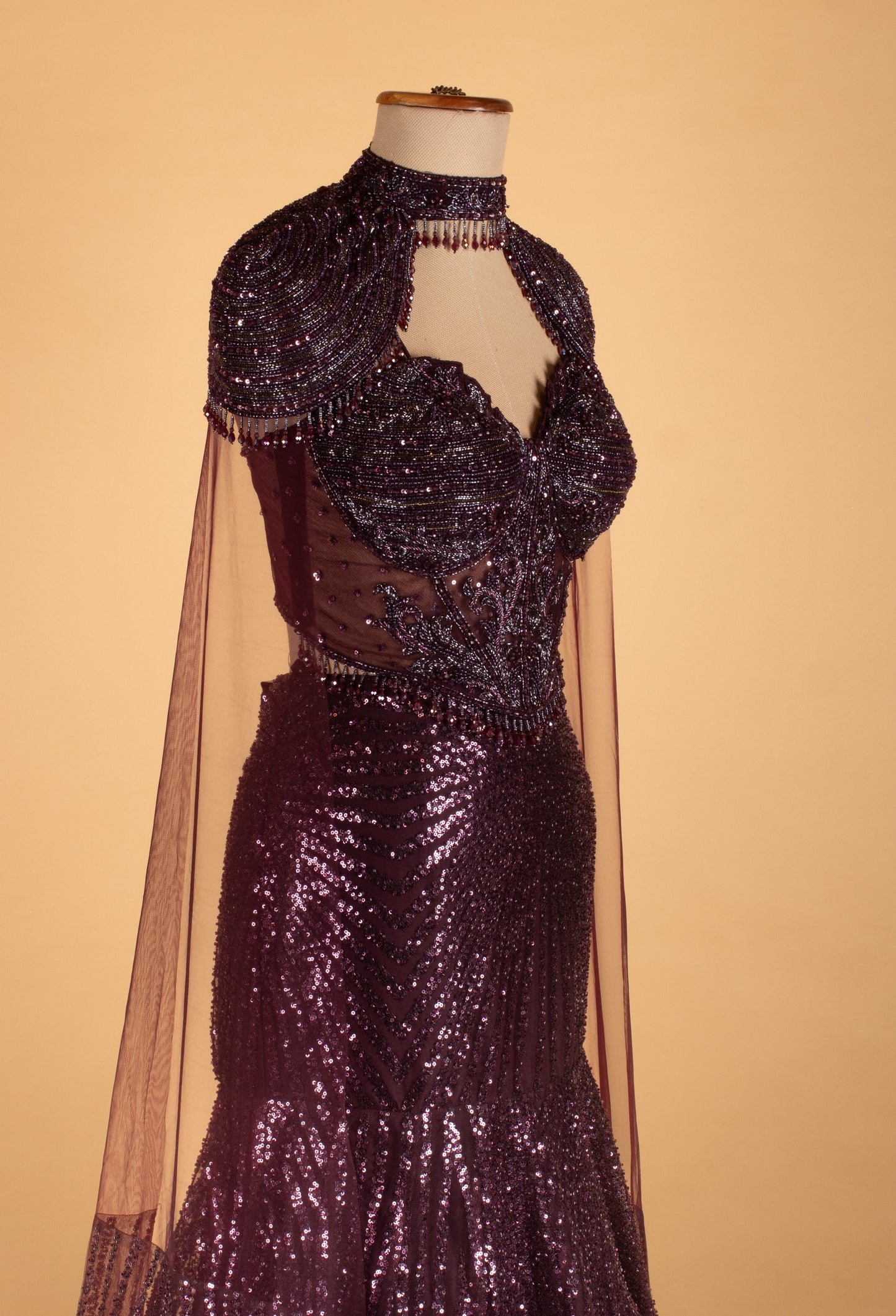 Luxury Plum Sequin Mermaid Gown with Sheer Cape Sleeves & Embellished Bodice