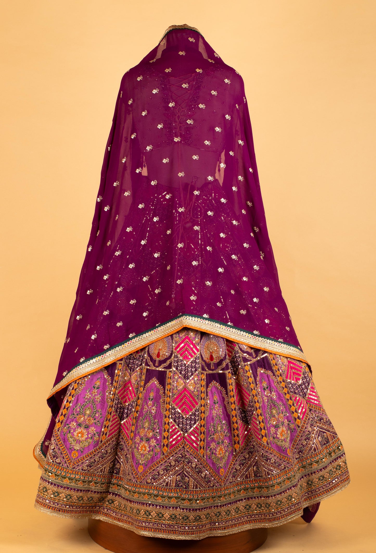 Multicolor Heavy Embroidered Traditional Crop Top Lehenga Set with Velvet Dupatta