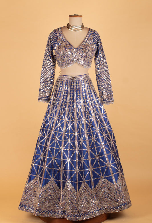 Royal Blue Heavy Mirror & Sequin Embroidered Crop Top Lehenga Set with Dupatta - view 2