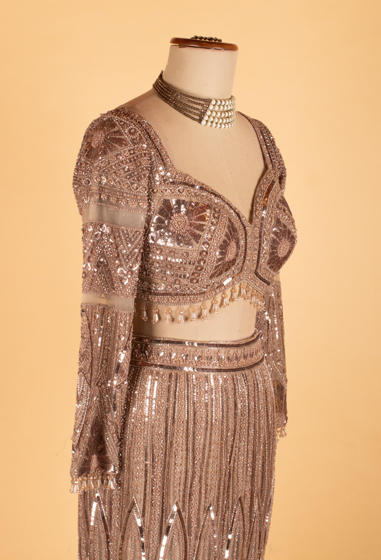 Rose Gold Heavy Sequin Embroidered Bridal Lehenga with Blouse & Dupatta