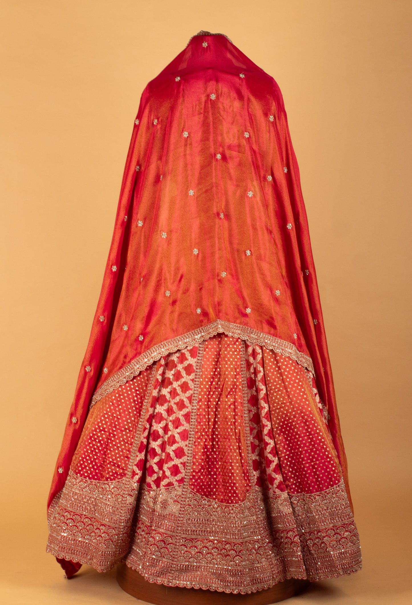 Red & Peach Heavy Embroidered Bridal Crop Top Lehenga Set with Handwork Dupatta