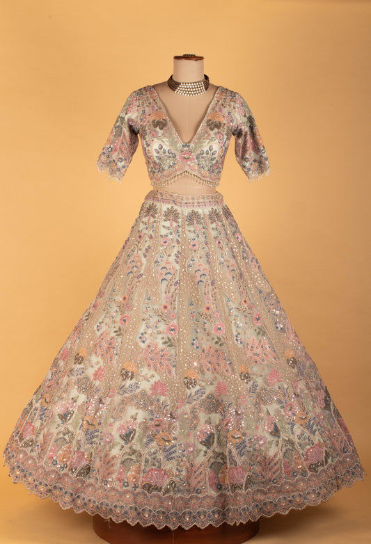 Pastel Multi-Color Embroidered Designer Bridal Lehenga Set with Net Dupatta - view 2