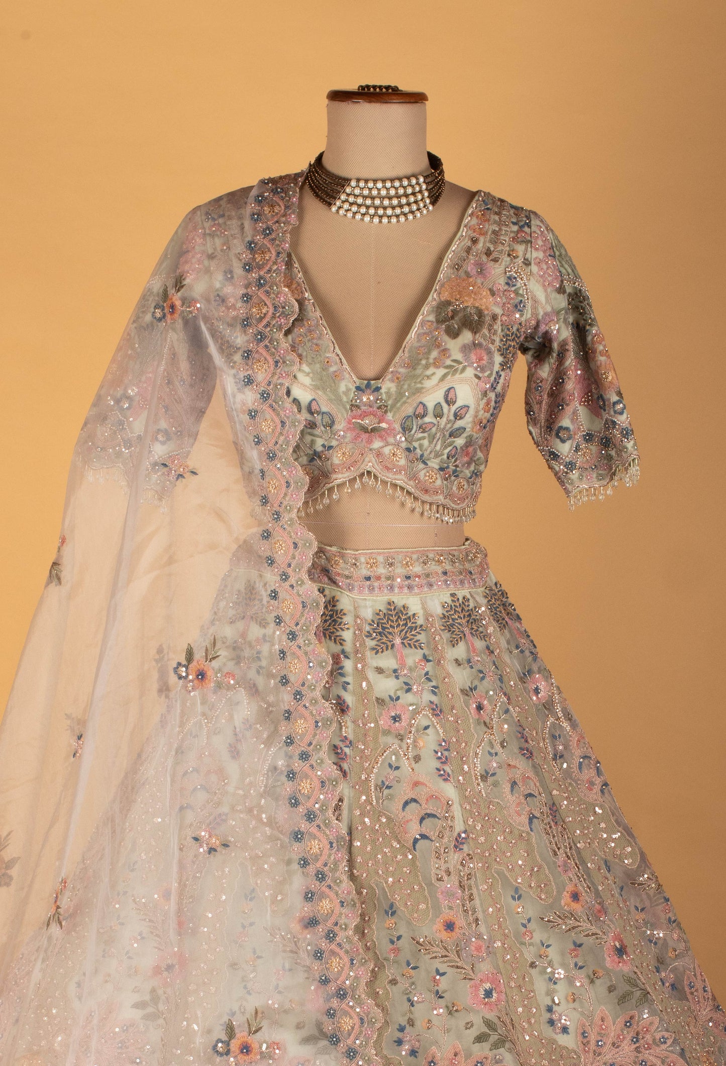 Pastel Multi-Color Embroidered Designer Bridal Lehenga Set with Net Dupatta