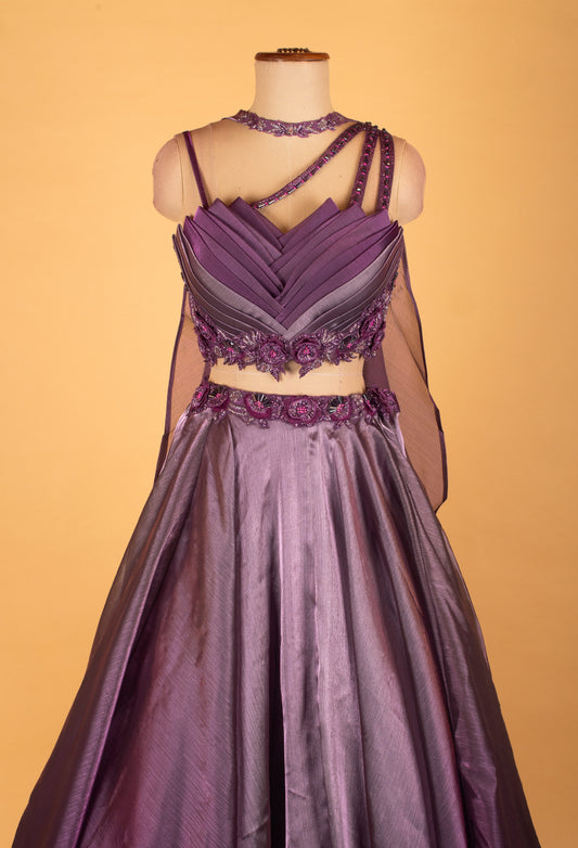 Metallic Purple Designer Crop Top Lehenga Set with Layered Pleated Blouse & Embellished Cape - view 2