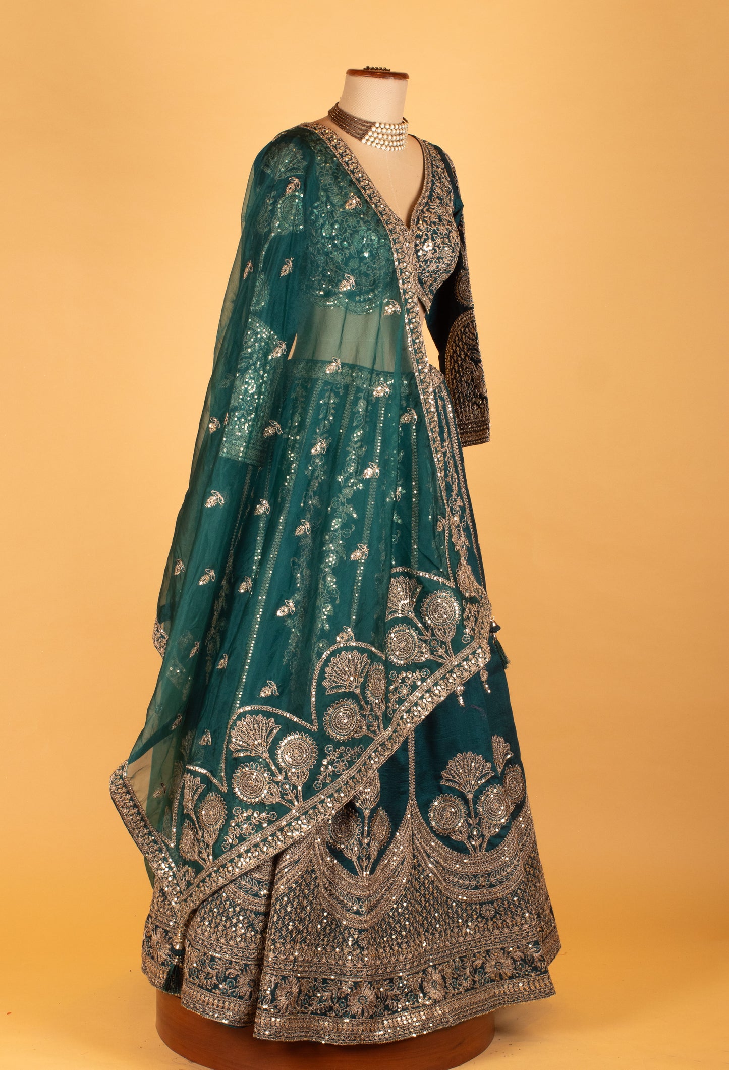 Teal Green Heavy Embroidered Crop Top Lehenga Set with Mirror & Zari Work