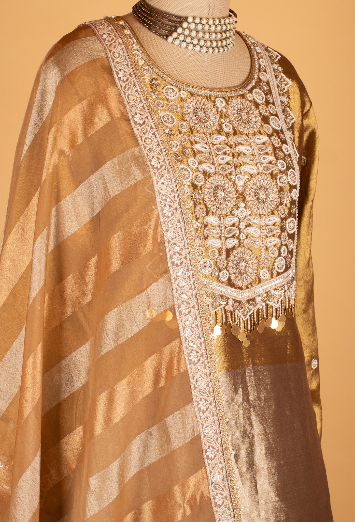 Gold Silk Straight Cut Suit with Heavy Thread Embroidery & Striped Dupatta