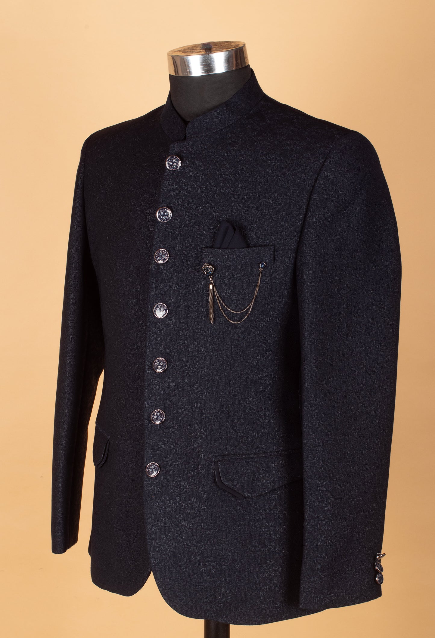 Men’s Black Textured Indo-Western Suit with Mandarin Collar & Chain Detail