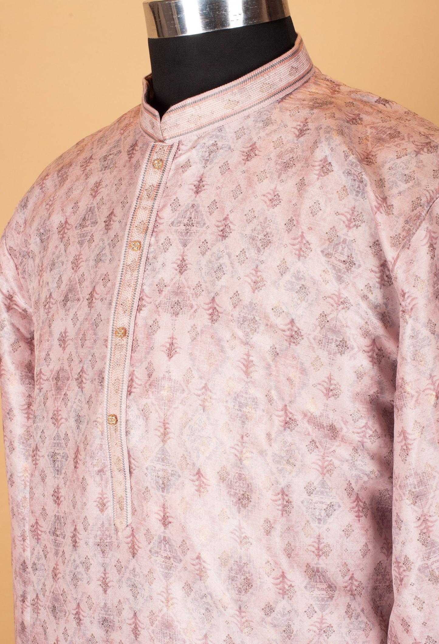 Men’s Blush Pink Printed Straight-Cut Kurta with Mandarin Collar