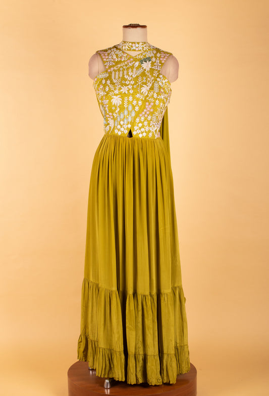 Mustard yellow embroidered Anarkali gown with pleated skirt – product image 2
