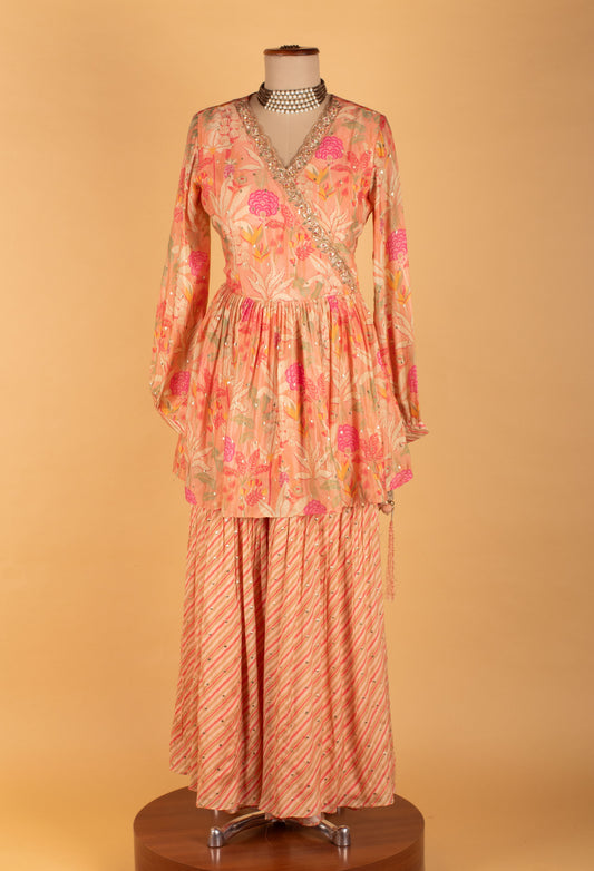 Peach floral printed kurta sharara set with embellished dupatta – product image 2