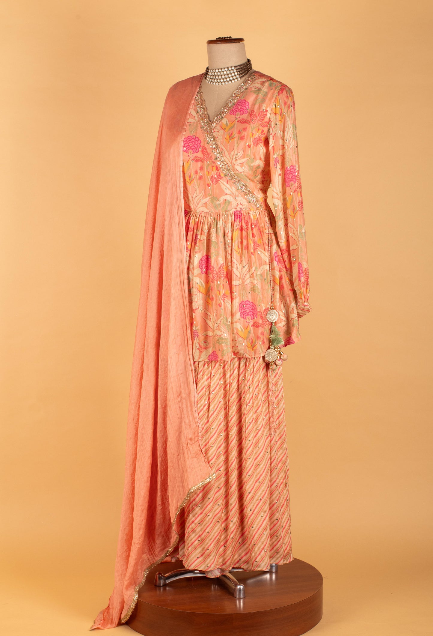 Peach Floral Printed Kurta Sharara Set with Embellished Dupatta