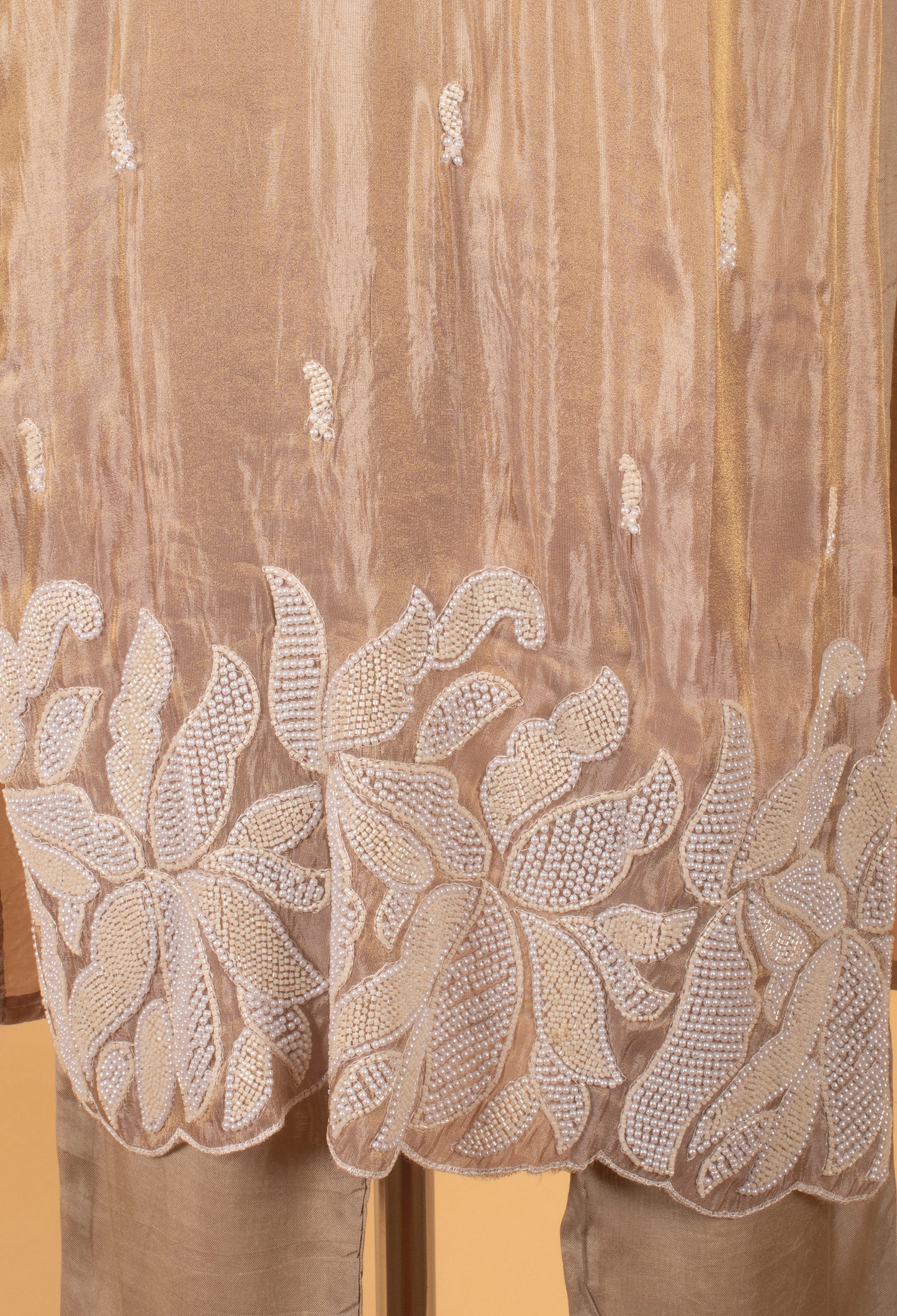 Beige Embroidered Straight-Cut Suit Set with Dupatta