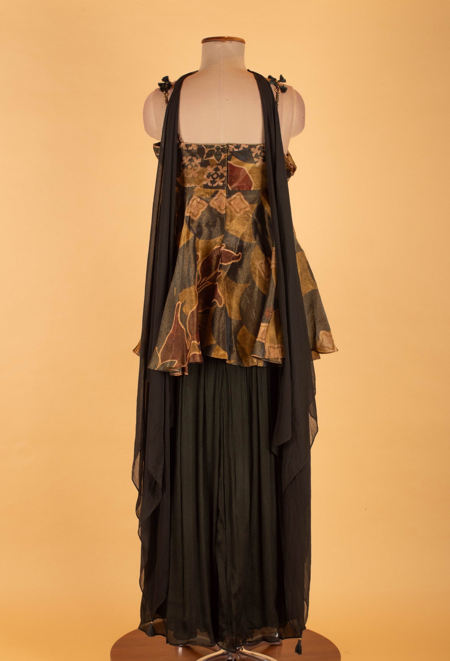 Printed Crop Top with Flared Overlay & Black Palazzo Pants