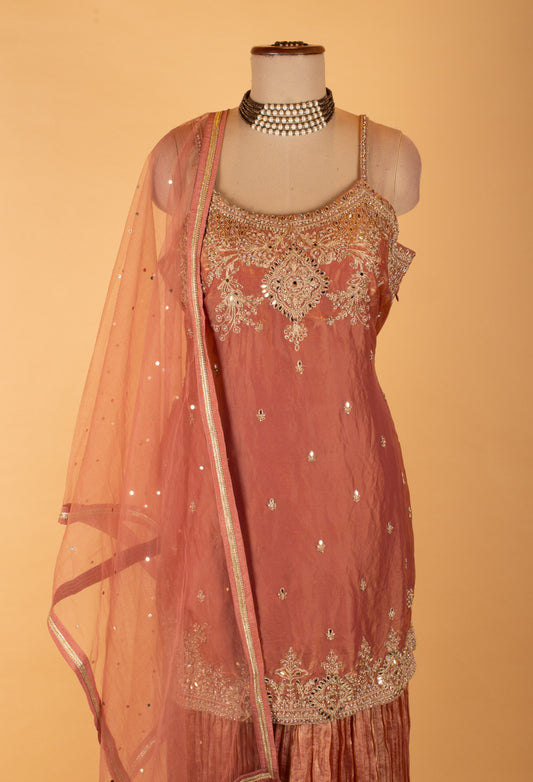 Peach embroidered straight-cut sharara suit with net dupatta – product image 2