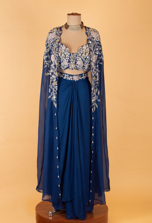 Royal blue embroidered lehenga with crop top and sheer cape – product image 2