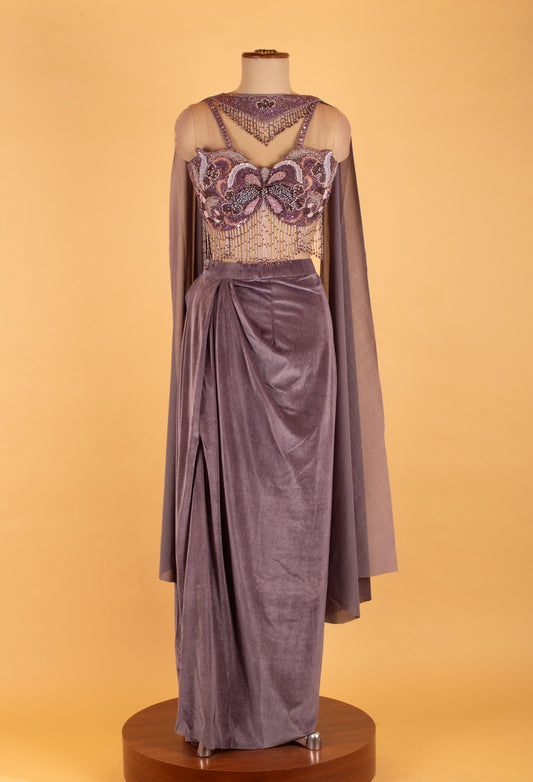 Mauve embellished crop top with velvet draped skirt and cape – product image 2