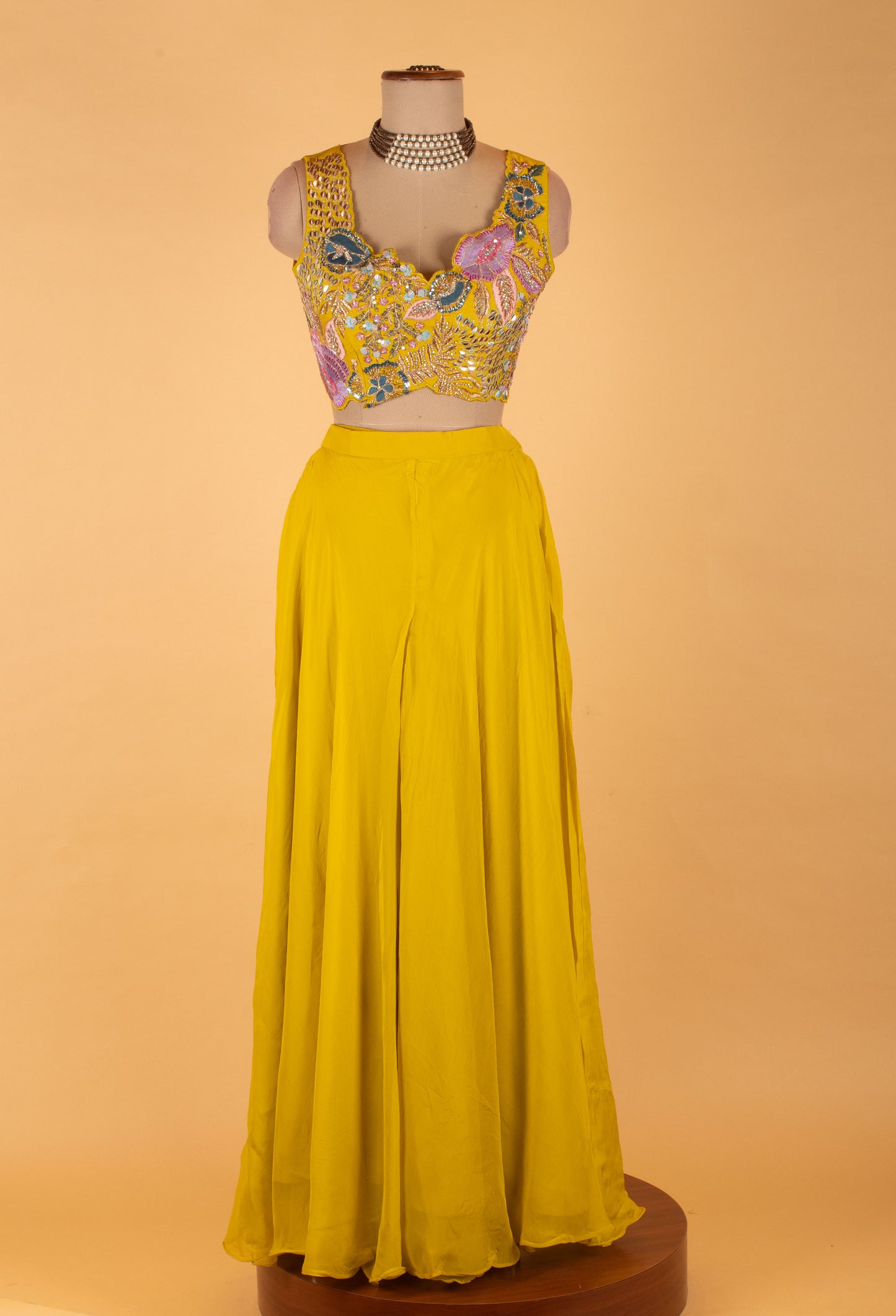 Mustard Yellow Embroidered Crop Top Sharara Set with Net Dupatta