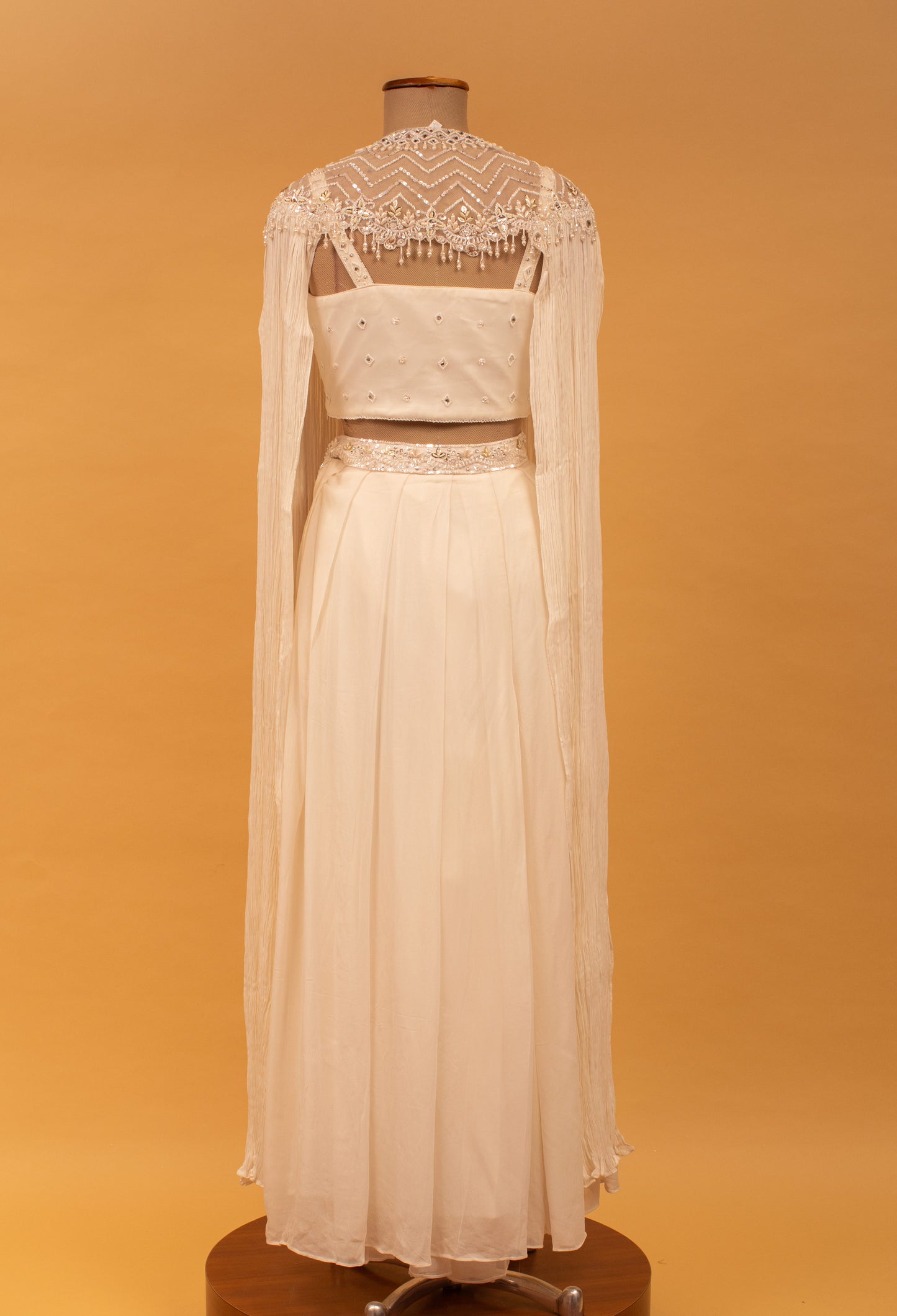 Ivory Embellished Crop Top Set with Sheer Cape & Flared Palazzo