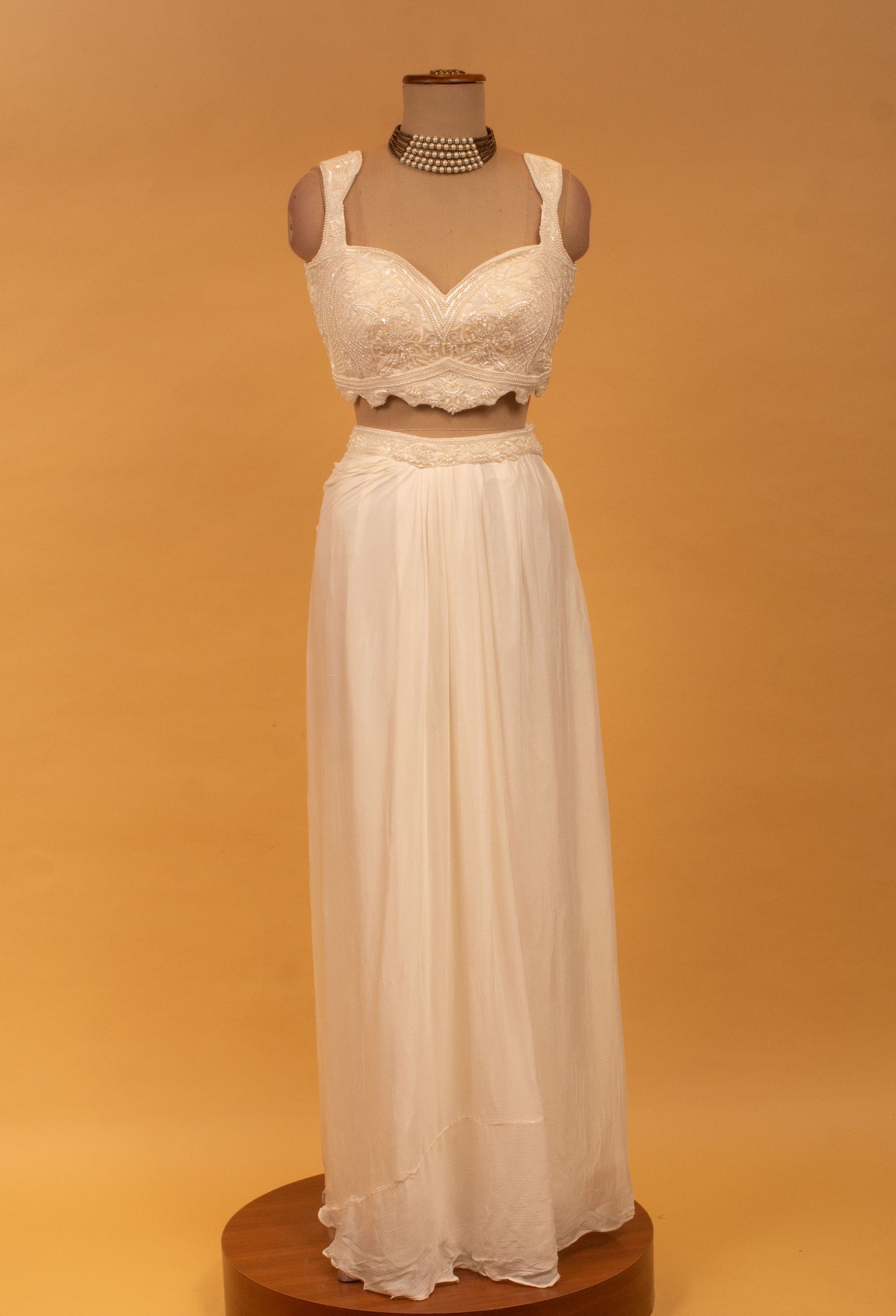 Ivory Embroidered Straight-Cut Lehenga Set with Crop Top & Dupatta