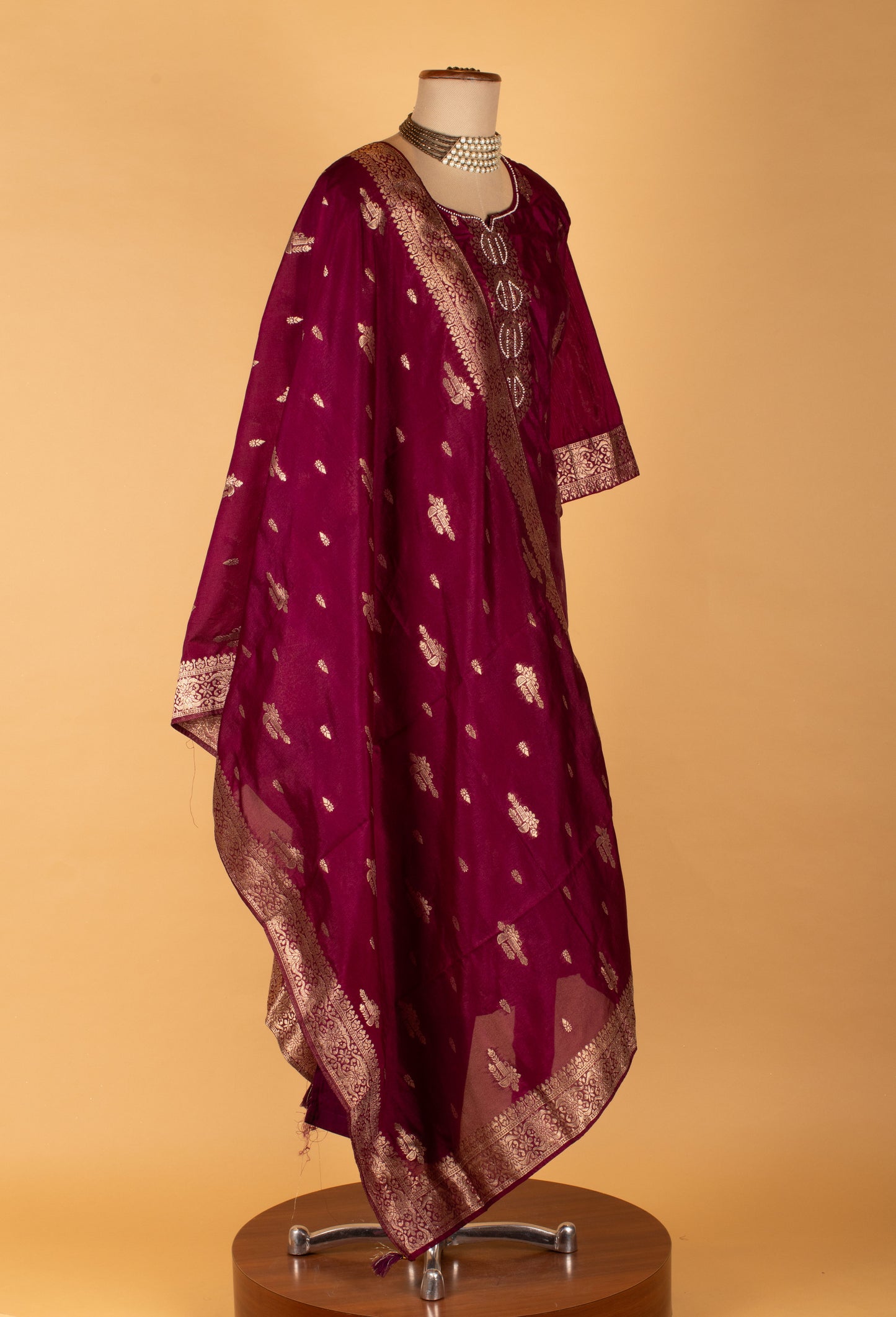 Wine Straight-Cut Suit Set with Gold Motif Embroidery & Border Dupatta