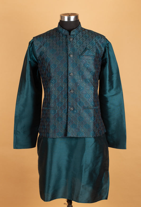 Men’s teal blue embroidered Nehru jacket kurta set – product image 2
