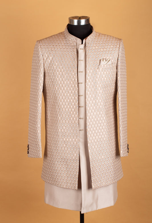 Ivory gold embroidered sherwani for groom with mandarin collar – product image 2
