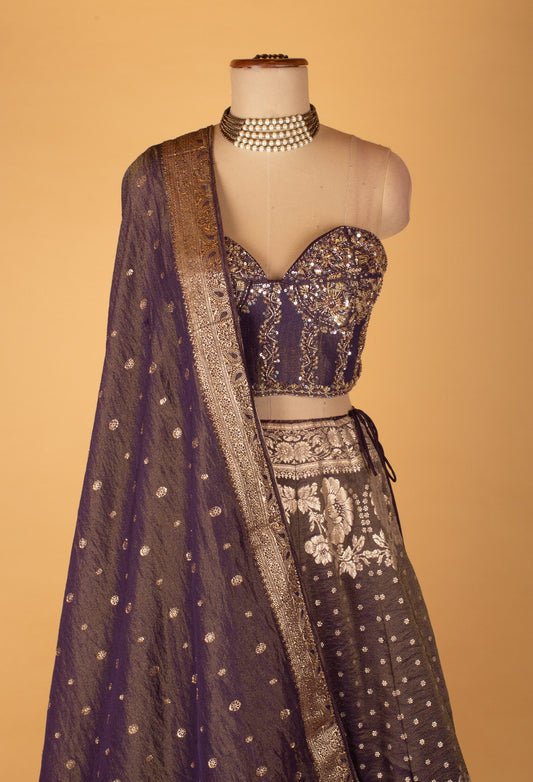 Royal purple zari embroidered lehenga with heavy bordered dupatta – product image 2