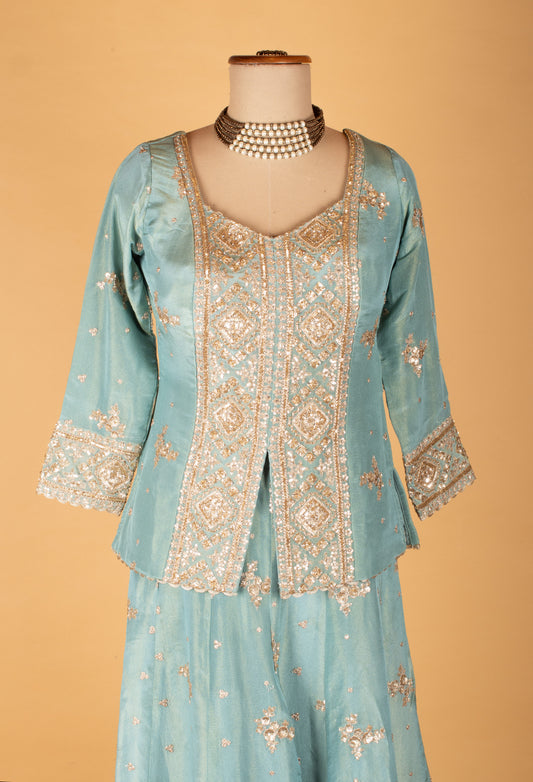 Sea green embroidered kurta sharara set with sheer dupatta – product image 2