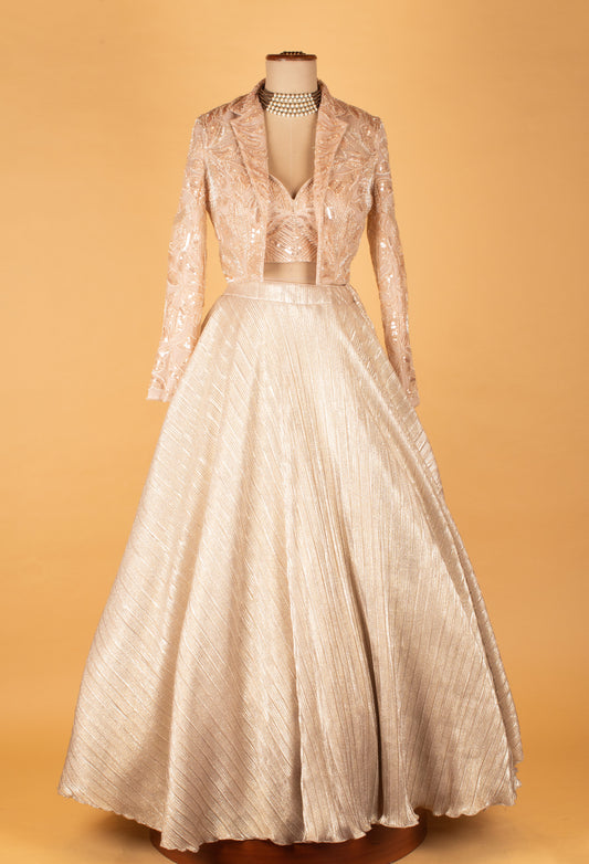 Champagne Gold Embroidered Lehenga with Jacket Style Blouse - view 2