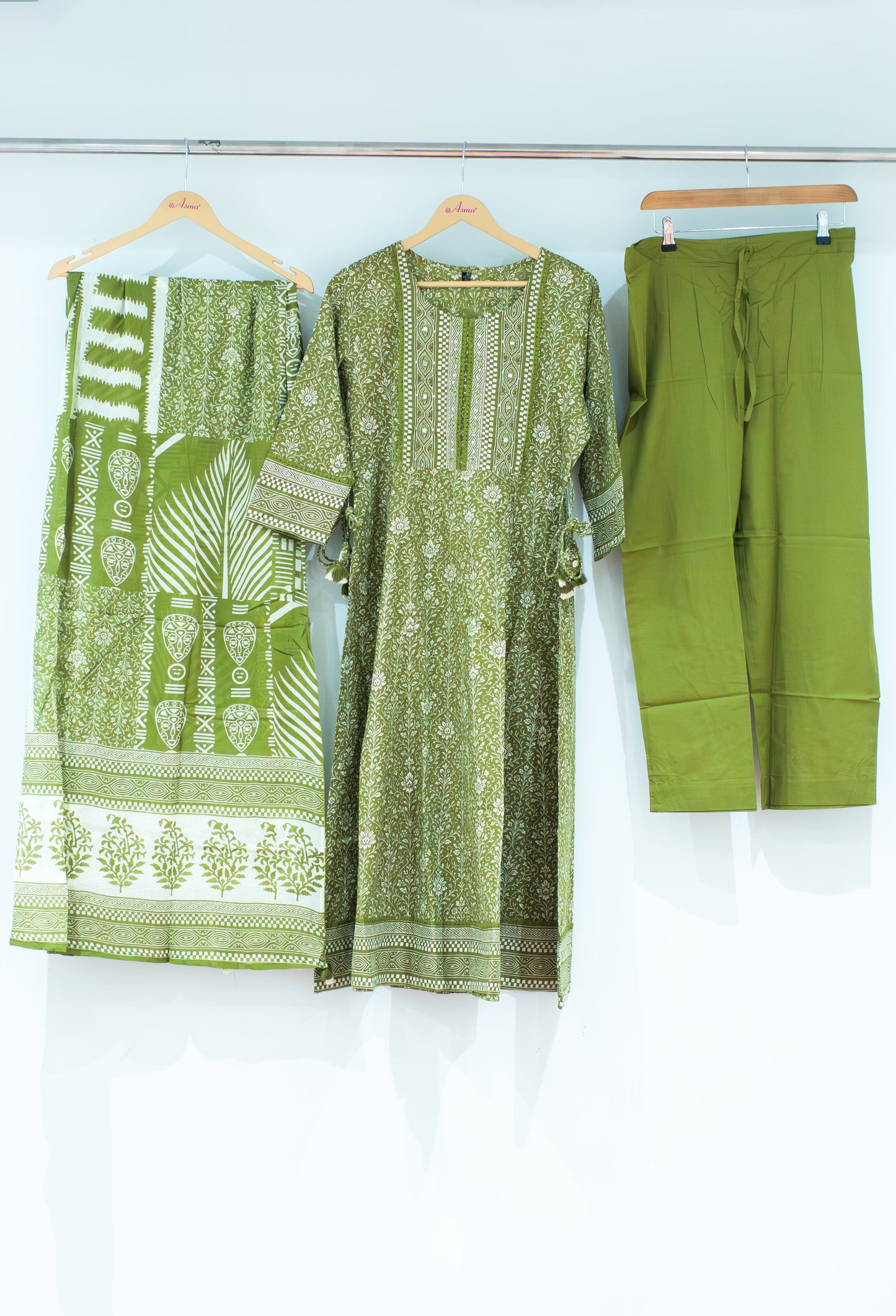 Olive Green Printed Cotton Kurta Pant Set with Dupatta for Women ( ELA-534 Green)