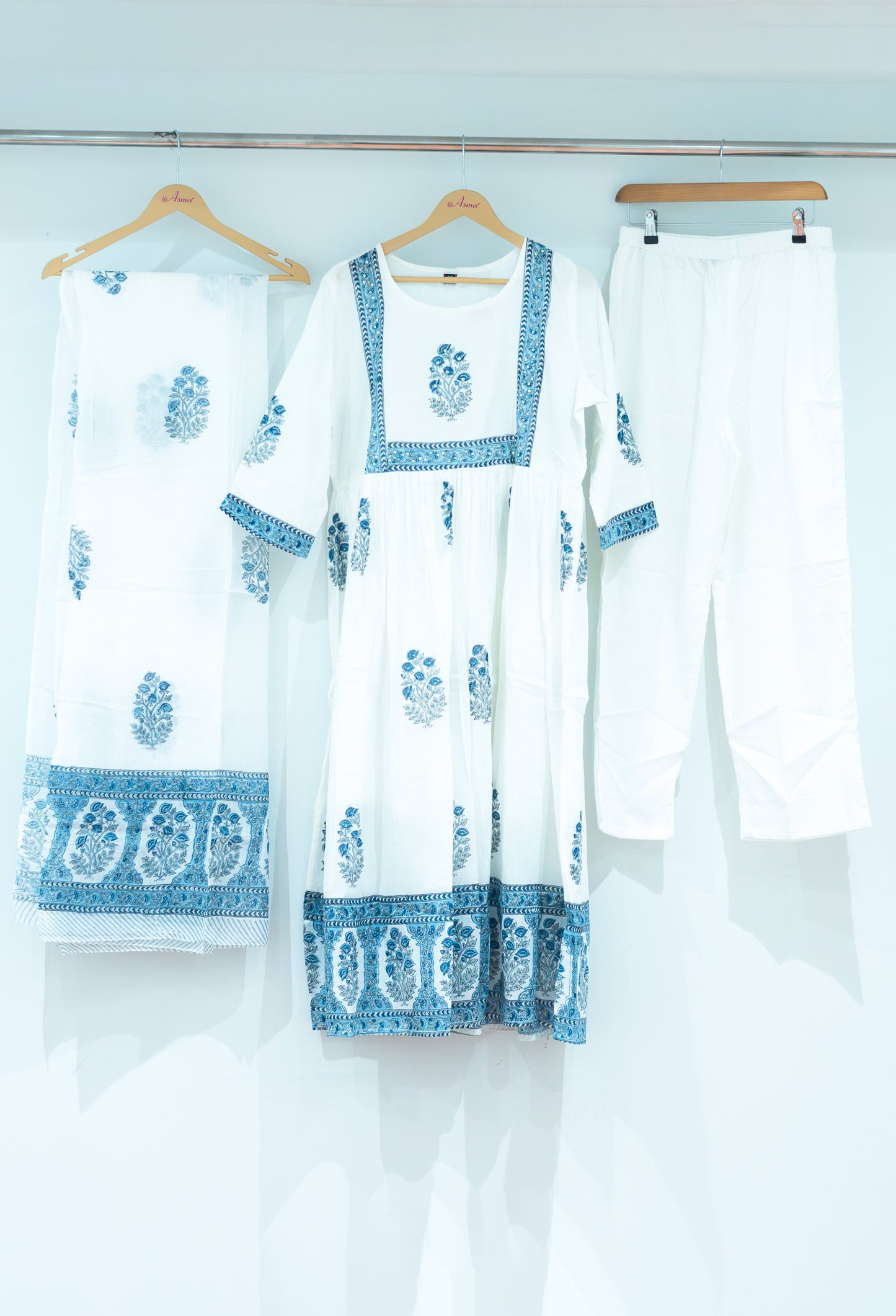White & Blue Printed Cotton Kurta Pant Set with Dupatta for Women (FAHIMA-534)