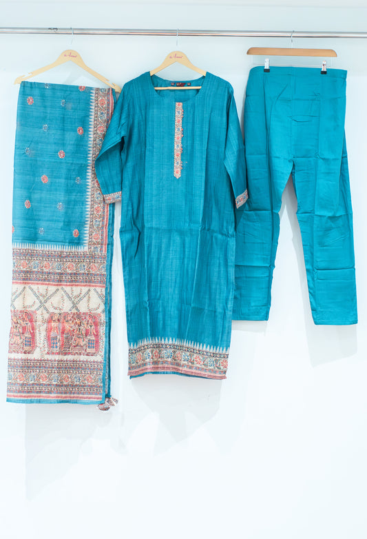 Teal blue cotton kurta set with printed dupatta and straight pants for women – product image 2