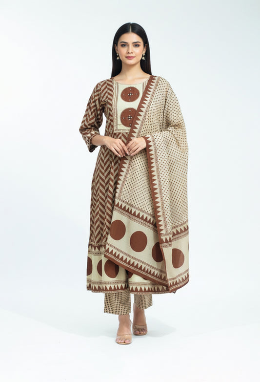 Brown and beige printed kurta pant set with dupatta for women – product image 2