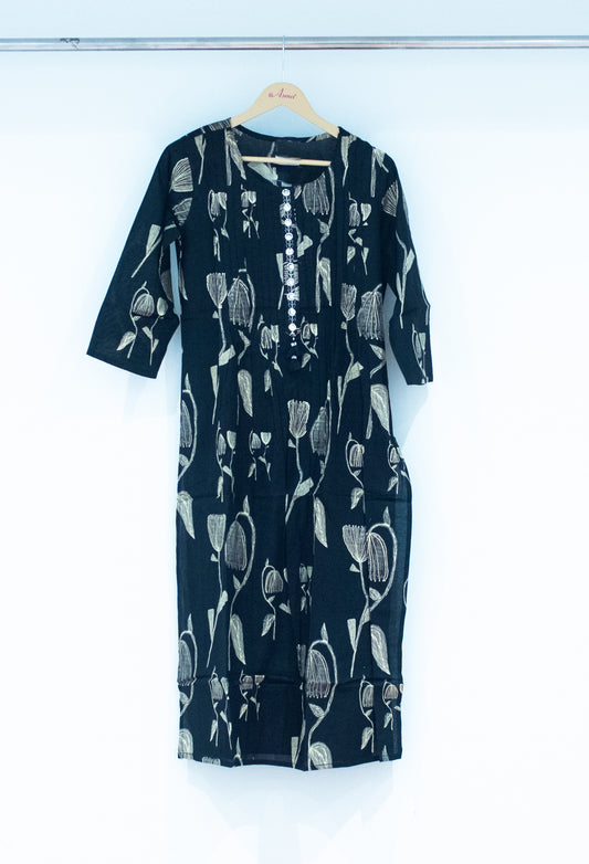 Black floral printed straight kurta for women – product image 2