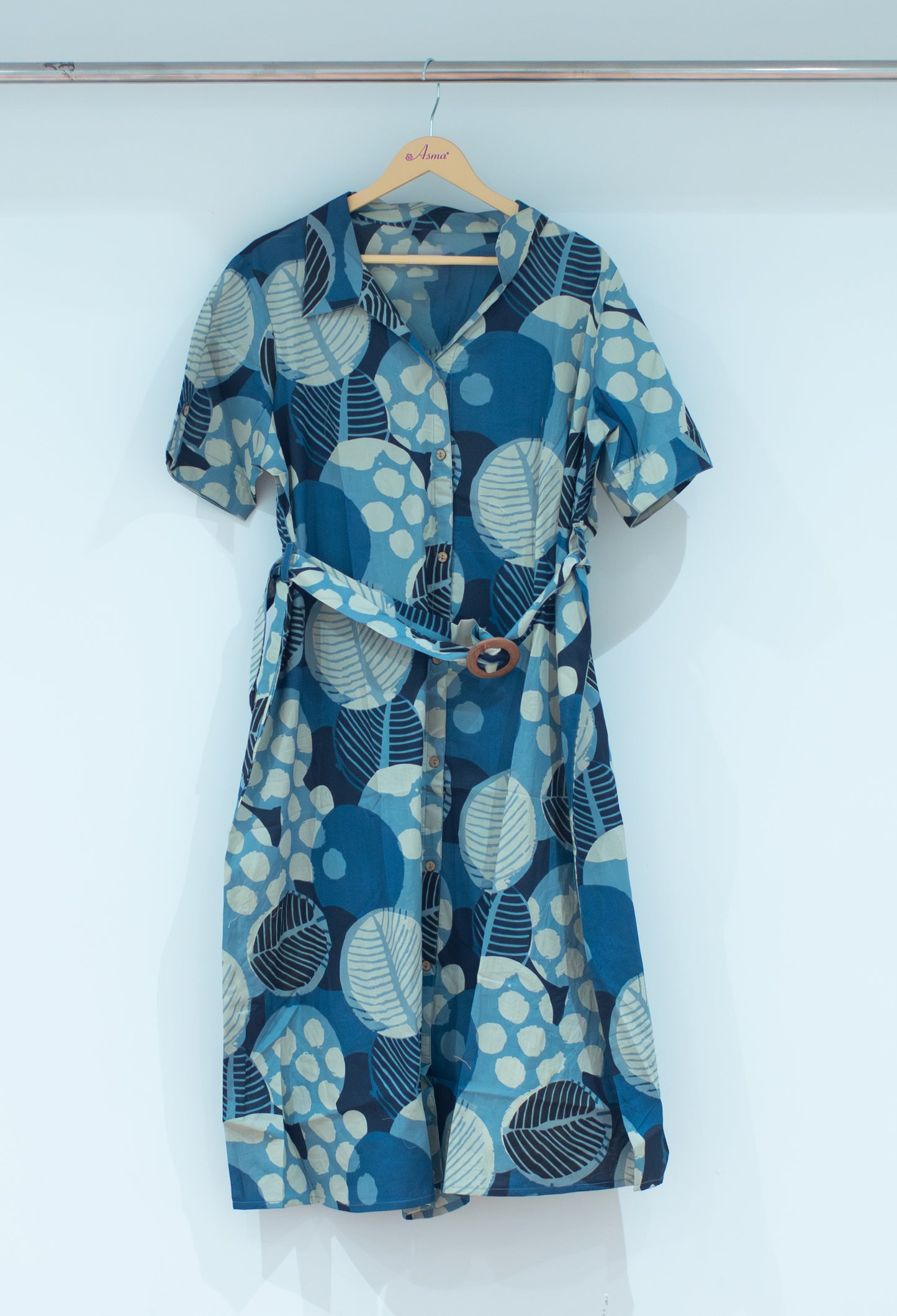 Blue Abstract Print Cotton Shirt-Style Dress with Belt for Women (FAVOUR-534 Blue)