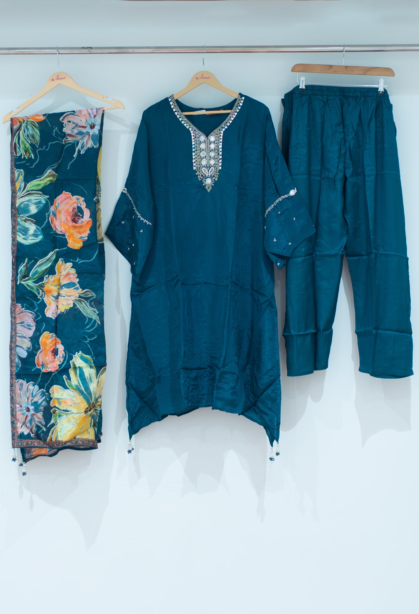 Teal Blue Embellished Kurta Set with Floral Dupatta & Pants for Women (K10267-313)