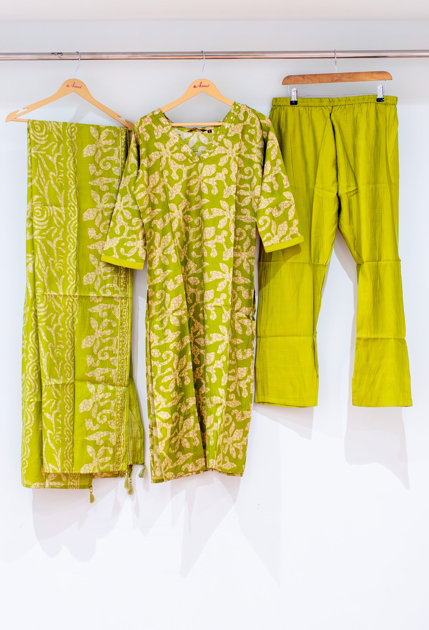 Olive Green Printed Kurta Set with Dupatta & Straight Pants