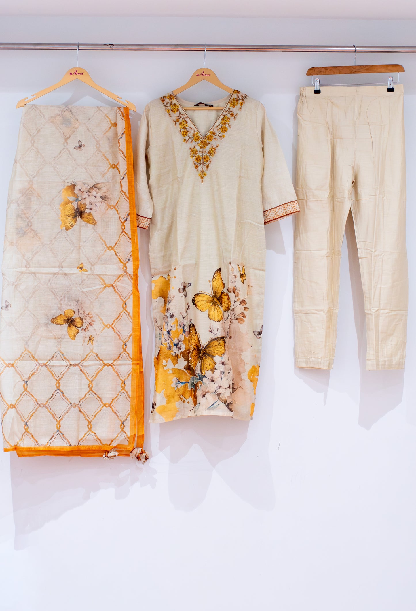 Beige Butterfly Printed Kurta Set with Dupatta & Straight Pants