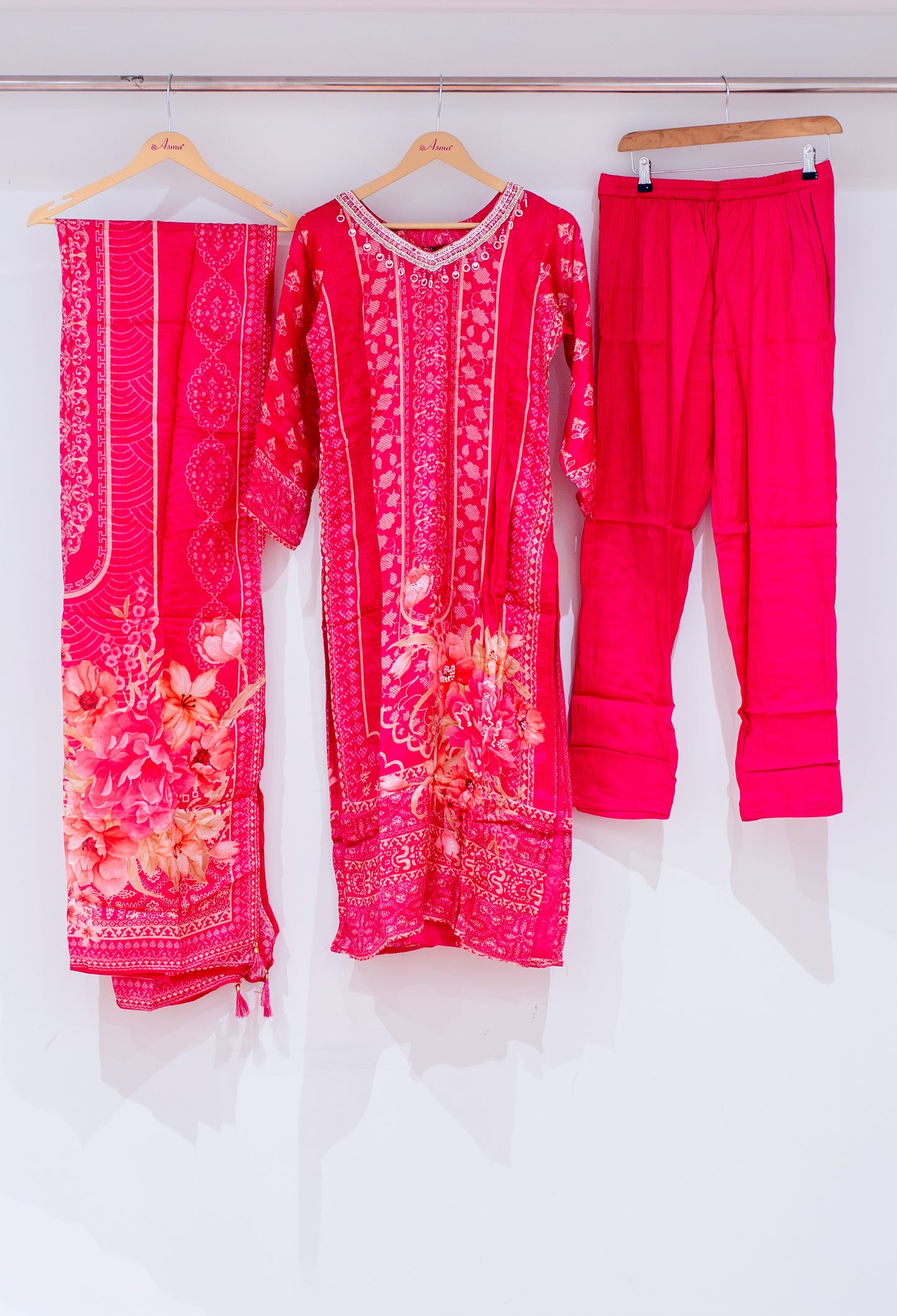 Bright Pink Floral Printed Kurta Set with Dupatta & Straight Pants