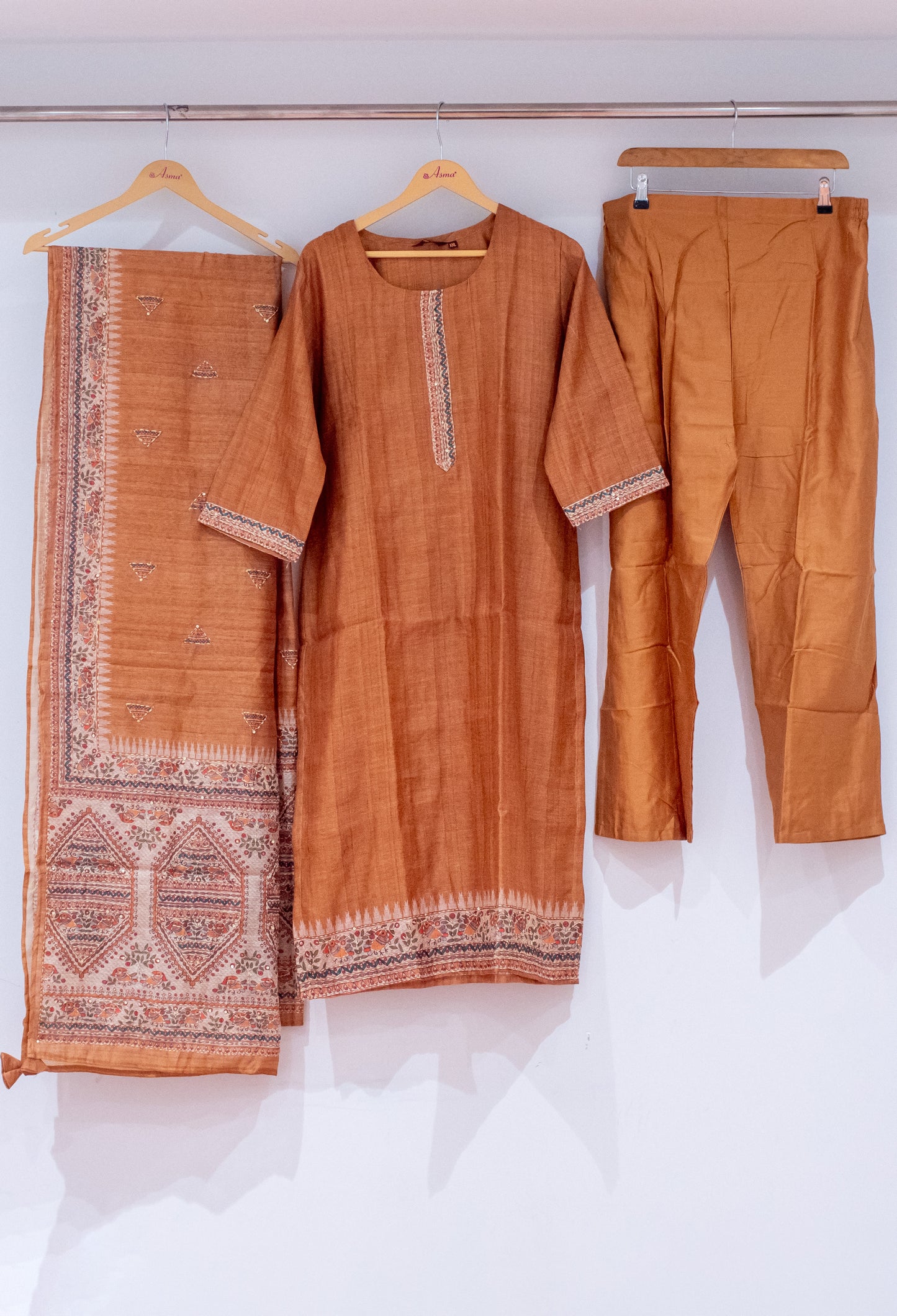 Rust Brown Printed Kurta Set with Dupatta & Straight Pants