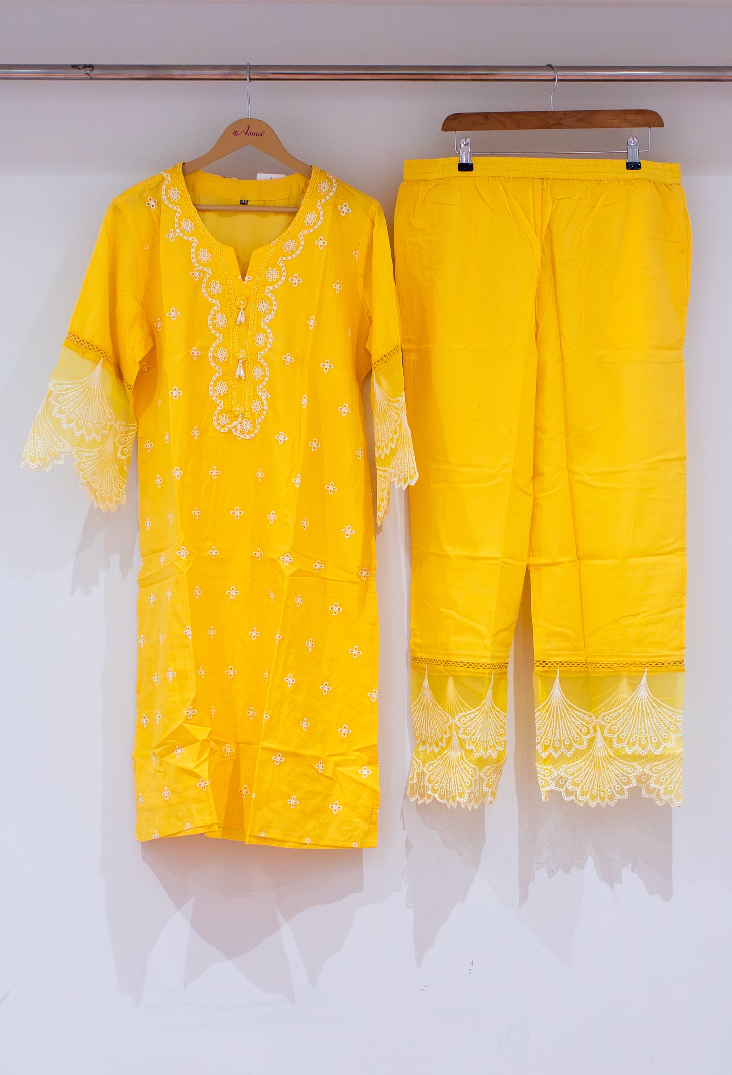 Bright Yellow Embroidered Kurta Pant Set for Women